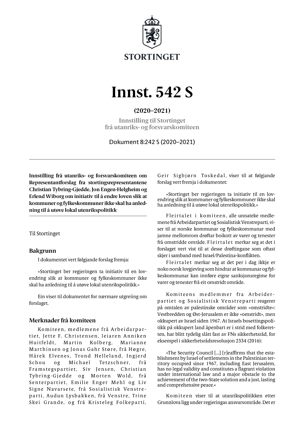 Innst. 542 S (2020–2021) Innstilling Til Stortinget Frå Utanriks- Og Forsvarskomiteen