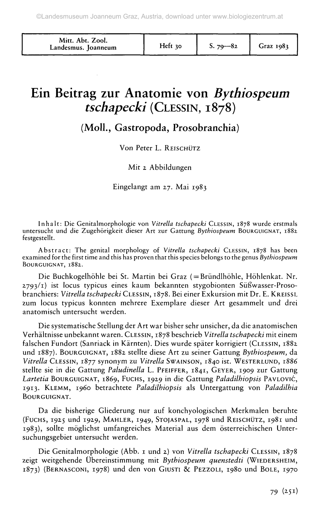 Ein Beitrag Zur Anatomie Von Bythiospeum Tschapecki (CLESSIN, 1878) (Moll., Gastropoda, Prosobranchia)