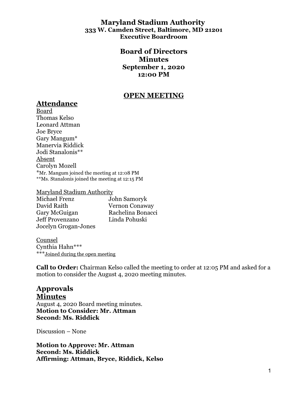 Maryland Stadium Authority Board of Directors Minutes OPEN MEETING