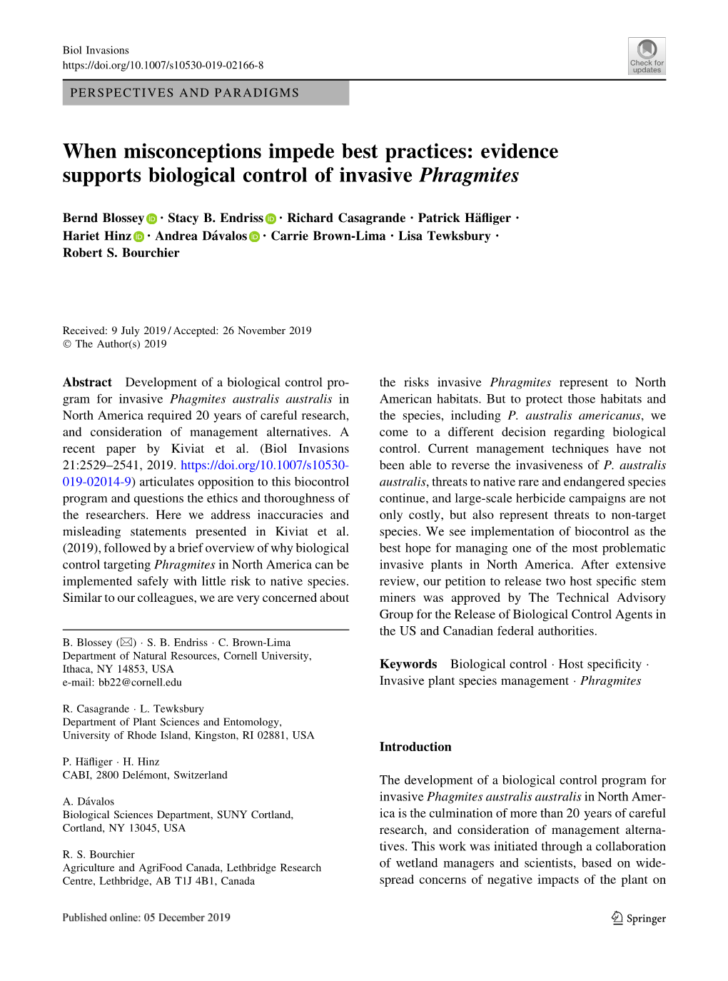 When Misconceptions Impede Best Practices: Evidence Supports Biological Control of Invasive Phragmites