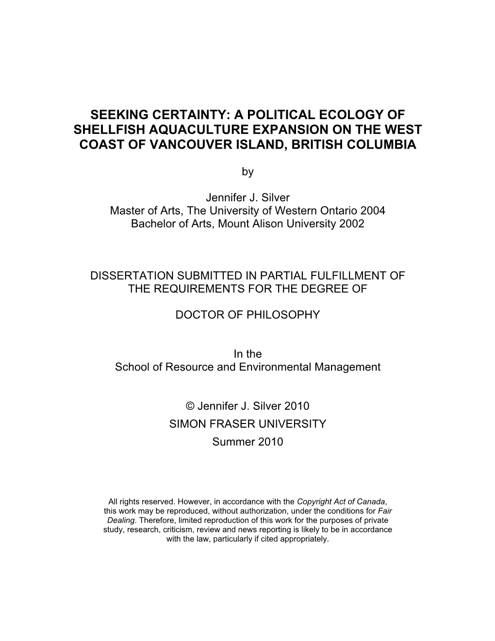 Seeking Certainty: a Political Ecology of Shellfish Aquaculture Expansion on the West Coast of Vancouver Island, British Columbia