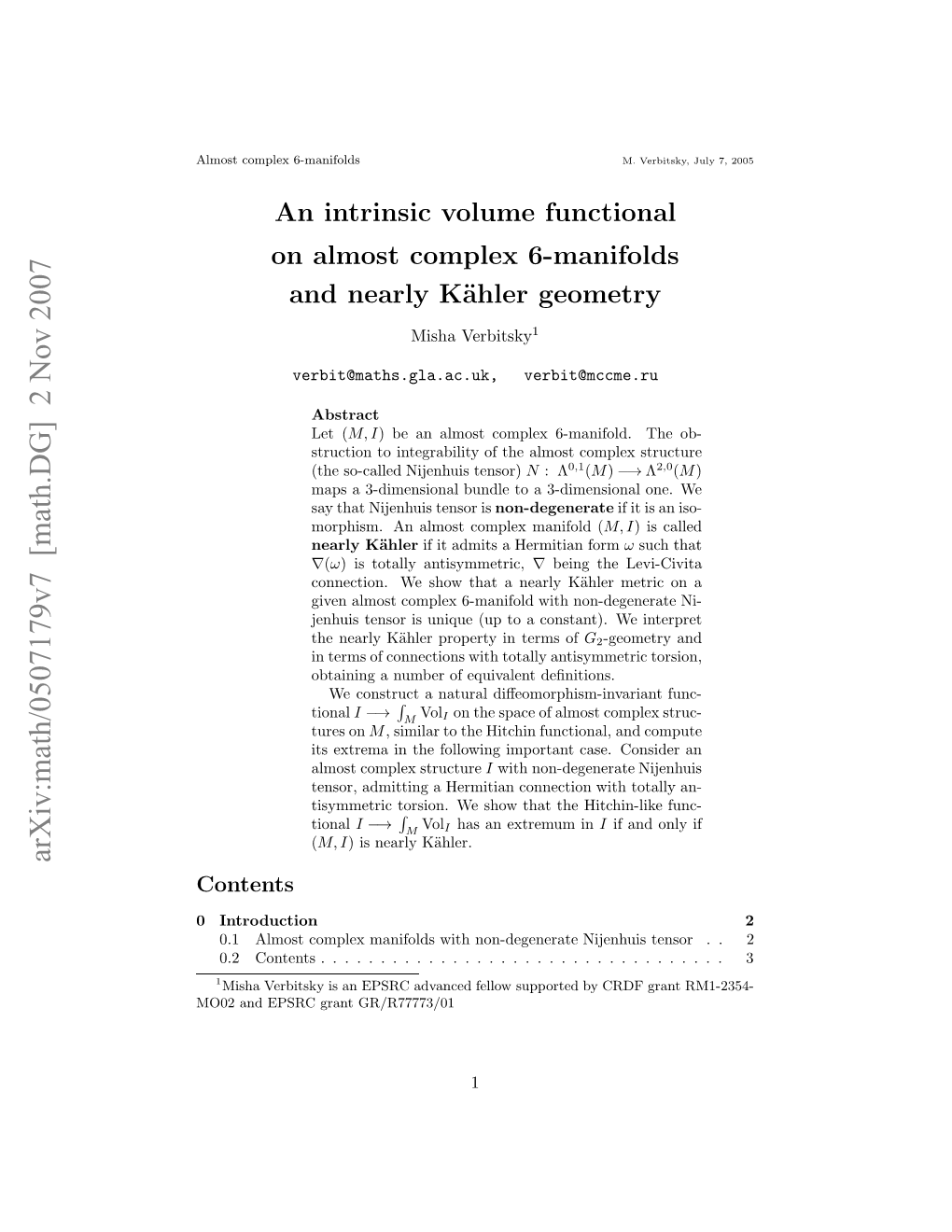 An Intrinsic Volume Functional on Almost Complex 6-Manifolds