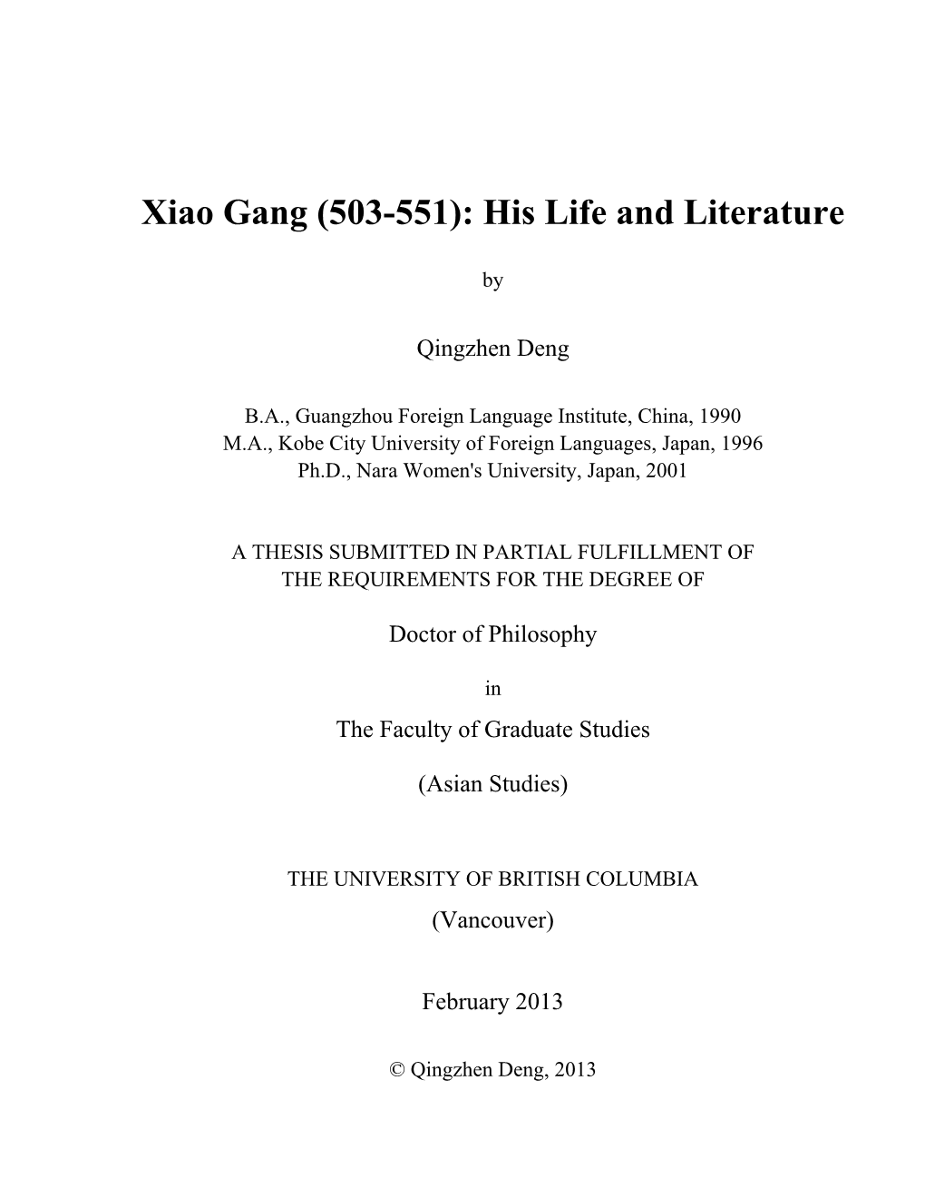 Xiao Gang (503-551): His Life and Literature