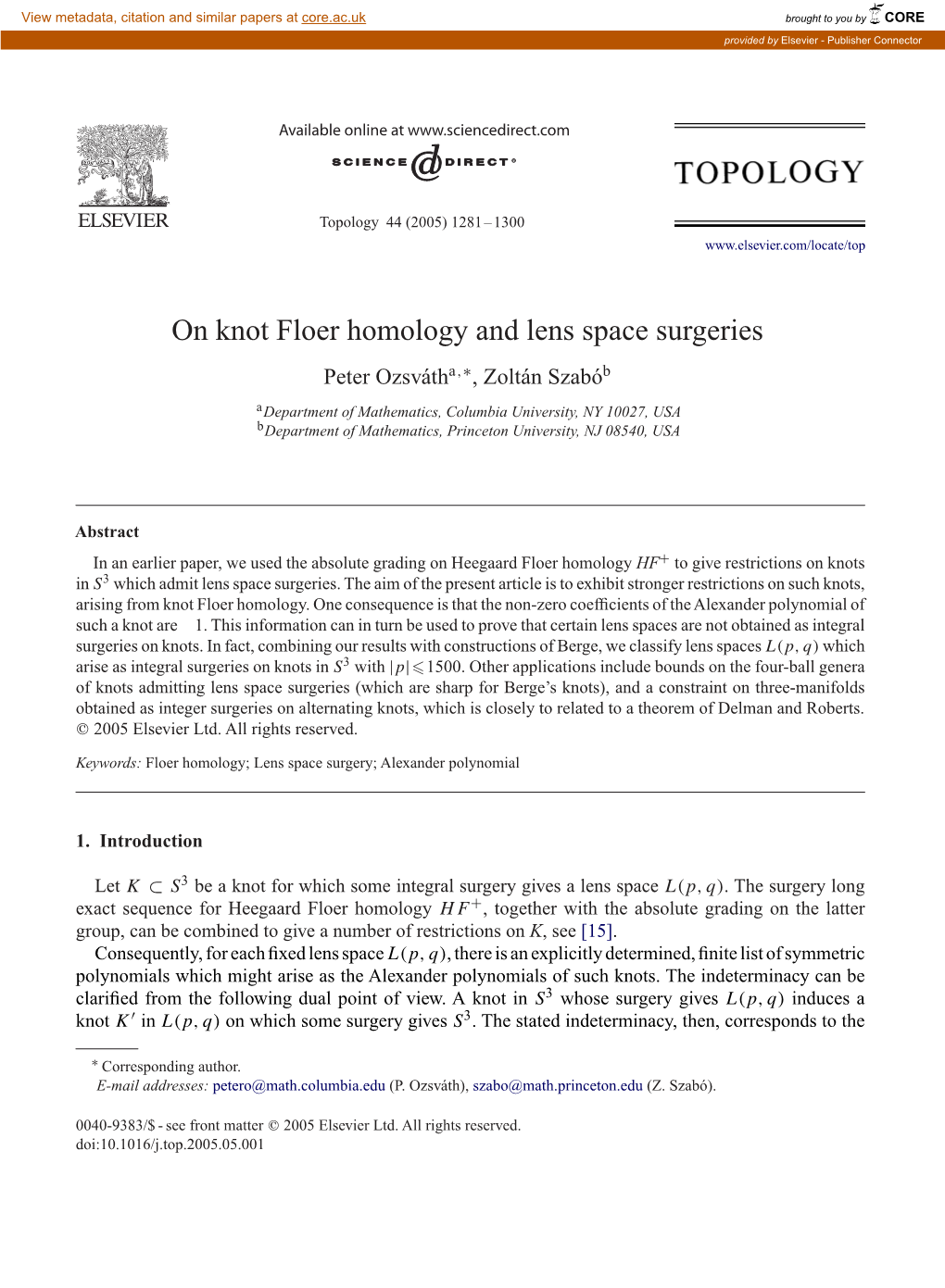 On Knot Floer Homology and Lens Space Surgeries Peter Ozsvátha,∗, Zoltán Szabób