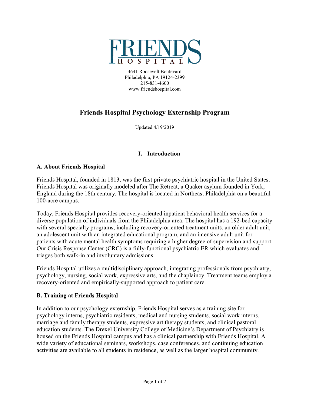 Friends Hospital Psychology Externship Program