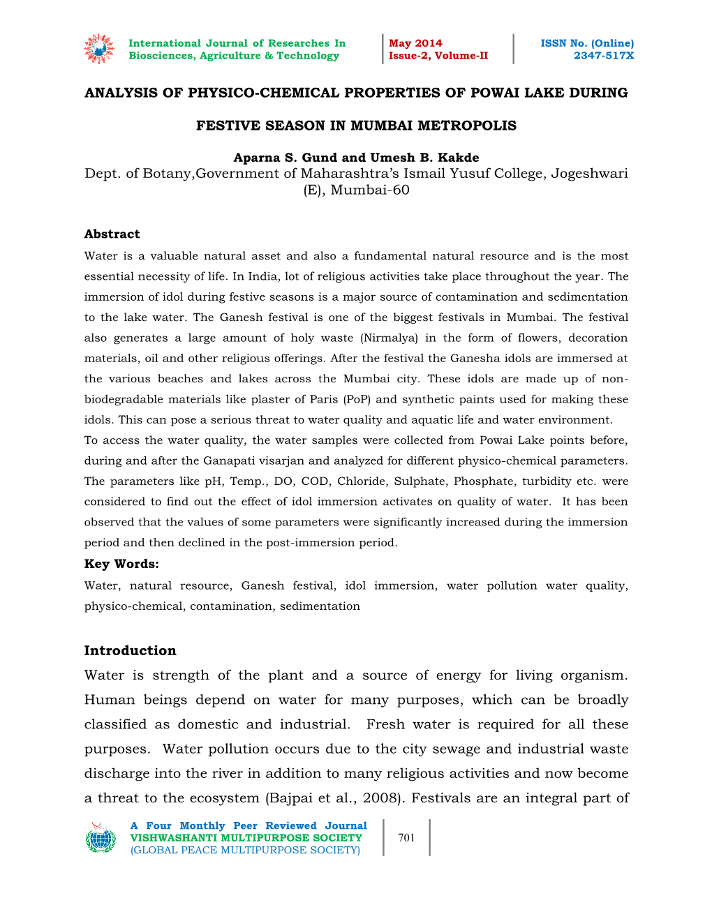 Analysis of Physico-Chemical Properties of Powai Lake During