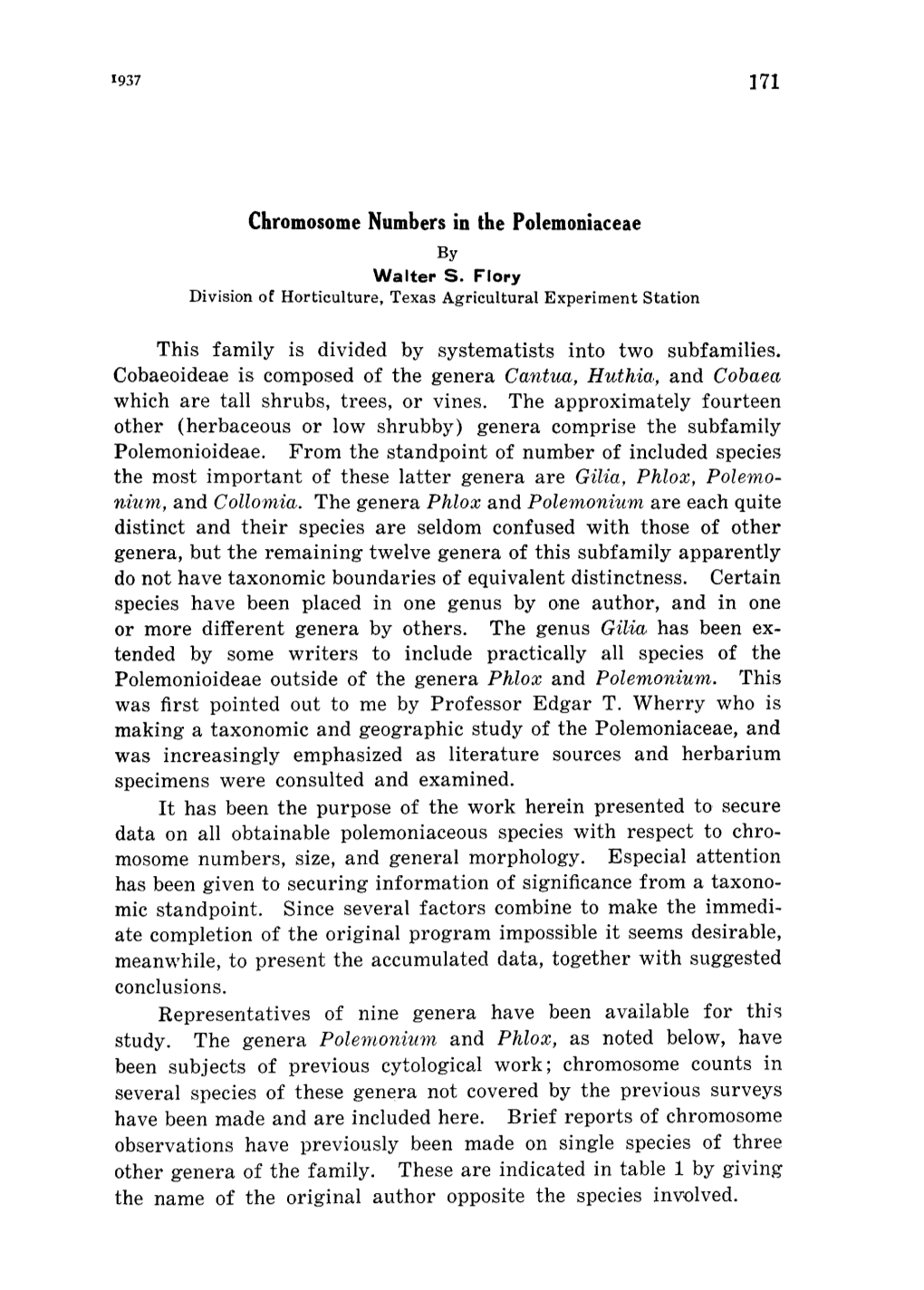 Chromosome Numbers in the Polemoniaceae Representatives Of