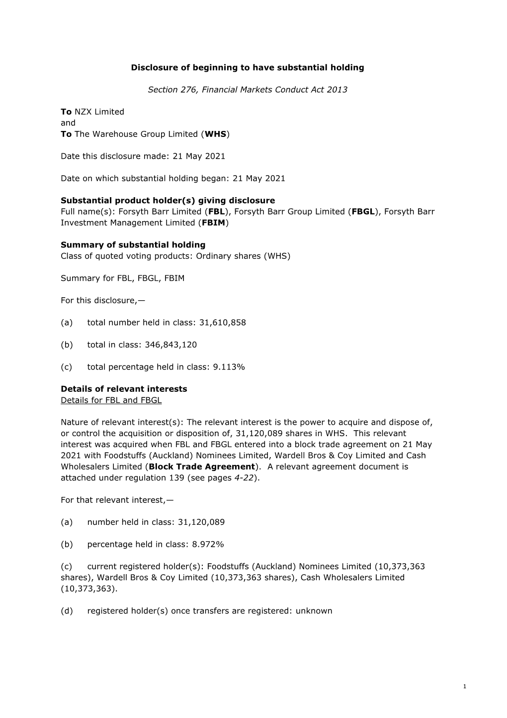 Disclosure of Beginning to Have Substantial Holding