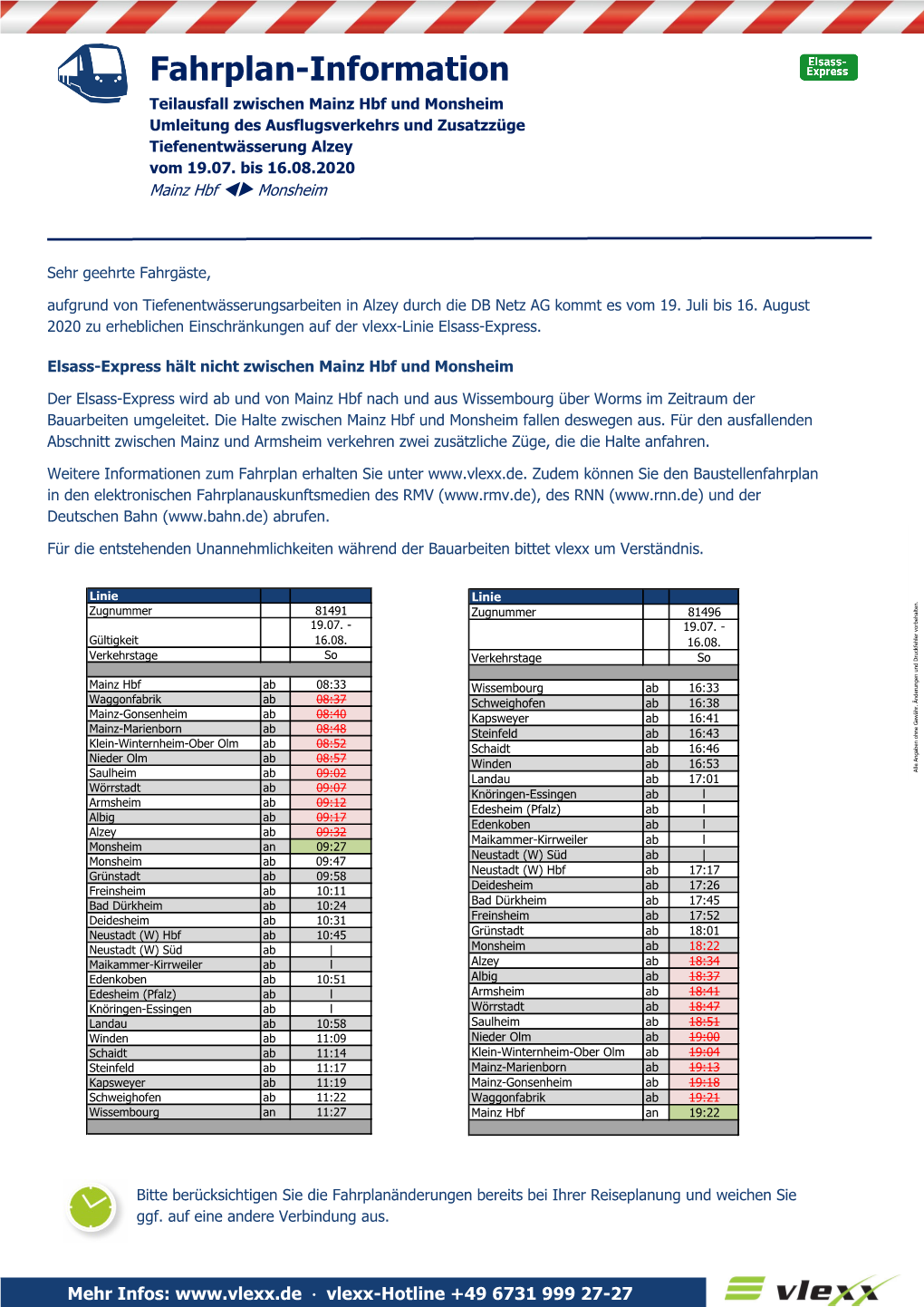 Fahrplan-Information Teilausfall Zwischen Mainz Hbf Und Monsheim