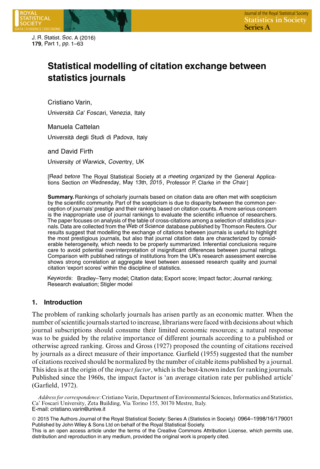 Statistical Modelling of Citation Exchange Between Statistics Journals