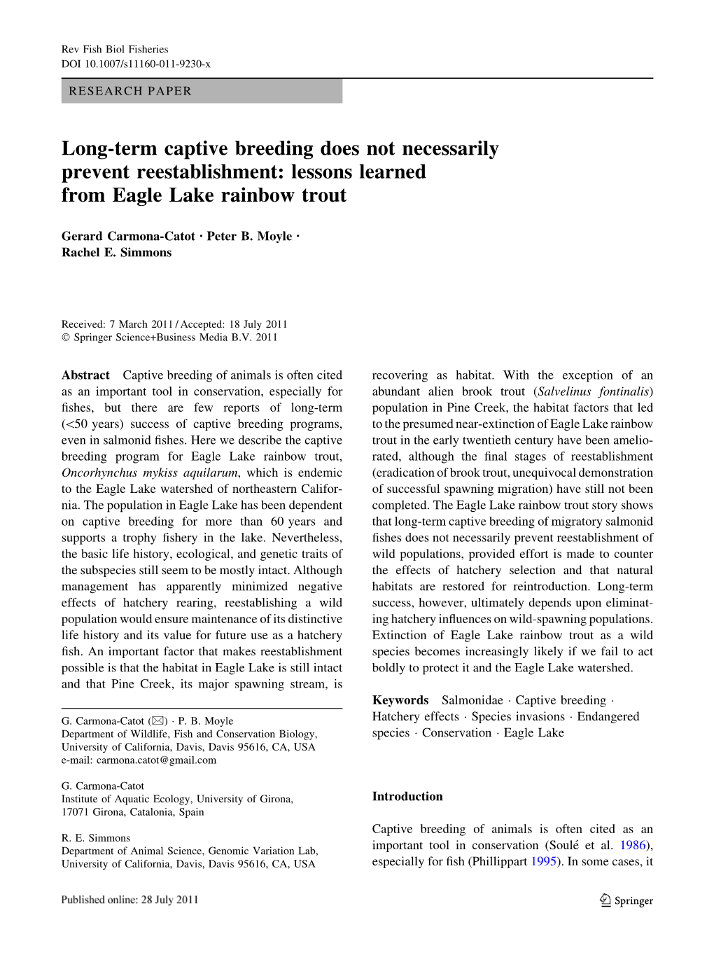Long-Term Captive Breeding Does Not Necessarily Prevent Reestablishment: Lessons Learned from Eagle Lake Rainbow Trout