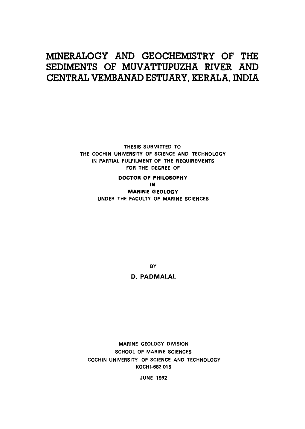 Mineralogy and Geochemistry of the Sediments of Muvattupuzha River