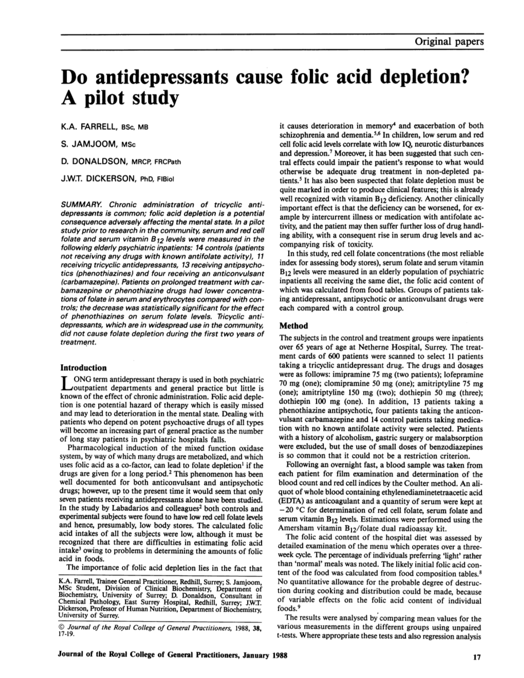 Do Antidepressants Cause Folic Acid Depletion? a Pilot Study