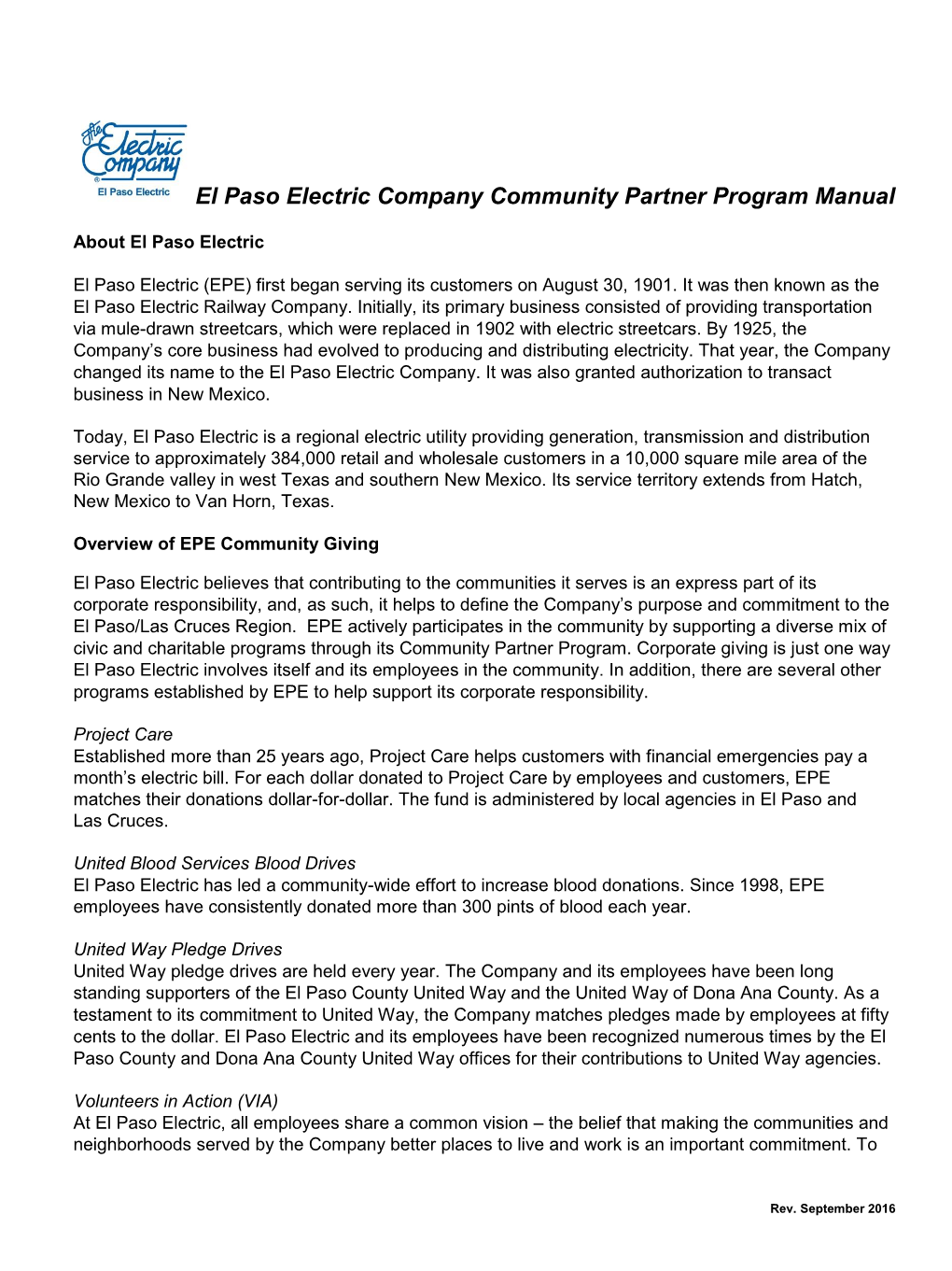 El Paso Electric Company Community Partner Program Manual