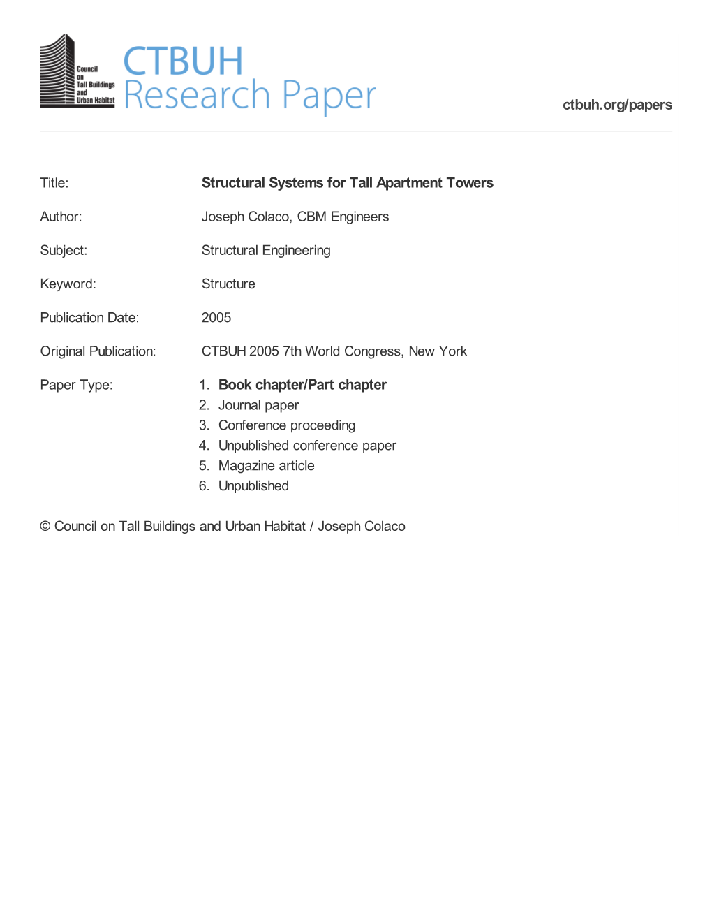 Structural Systems for Tall Apartment Towers 1. Book Chapter/Part