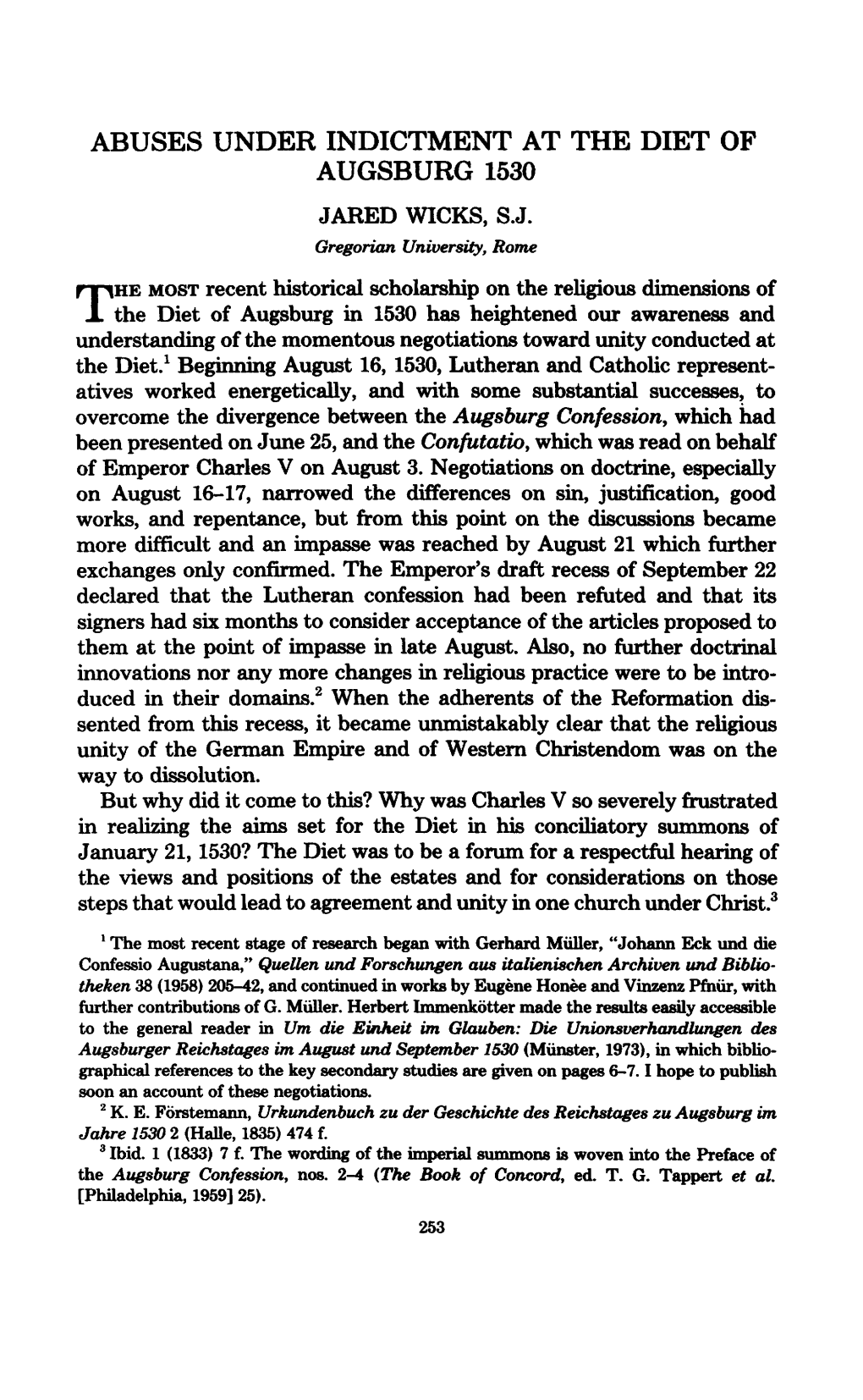 Abuses Under Indictment at the Diet of Augsburg 1530 Jared Wicks, S.J