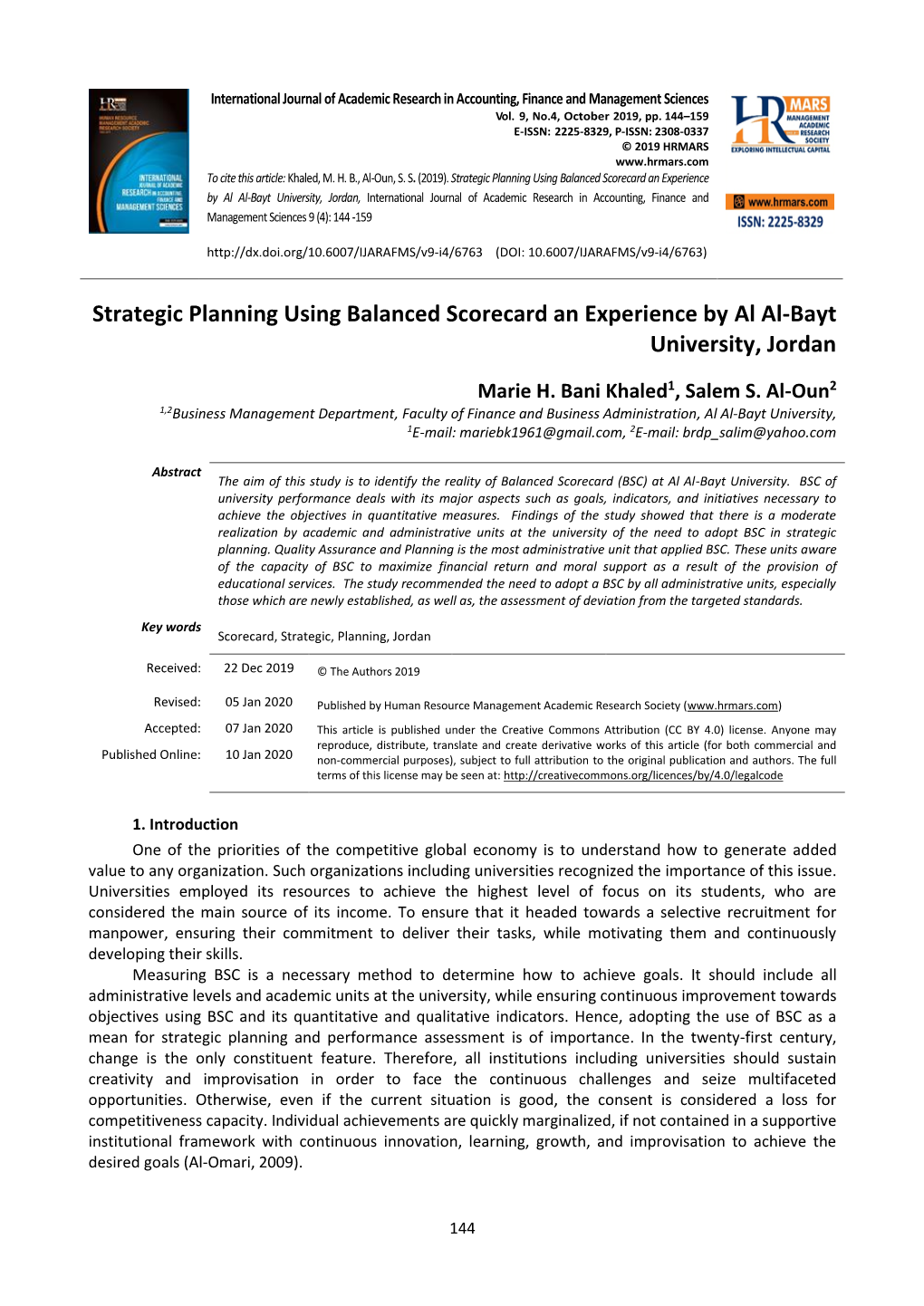 Strategic Planning Using Balanced Scorecard an Experience by Al Al