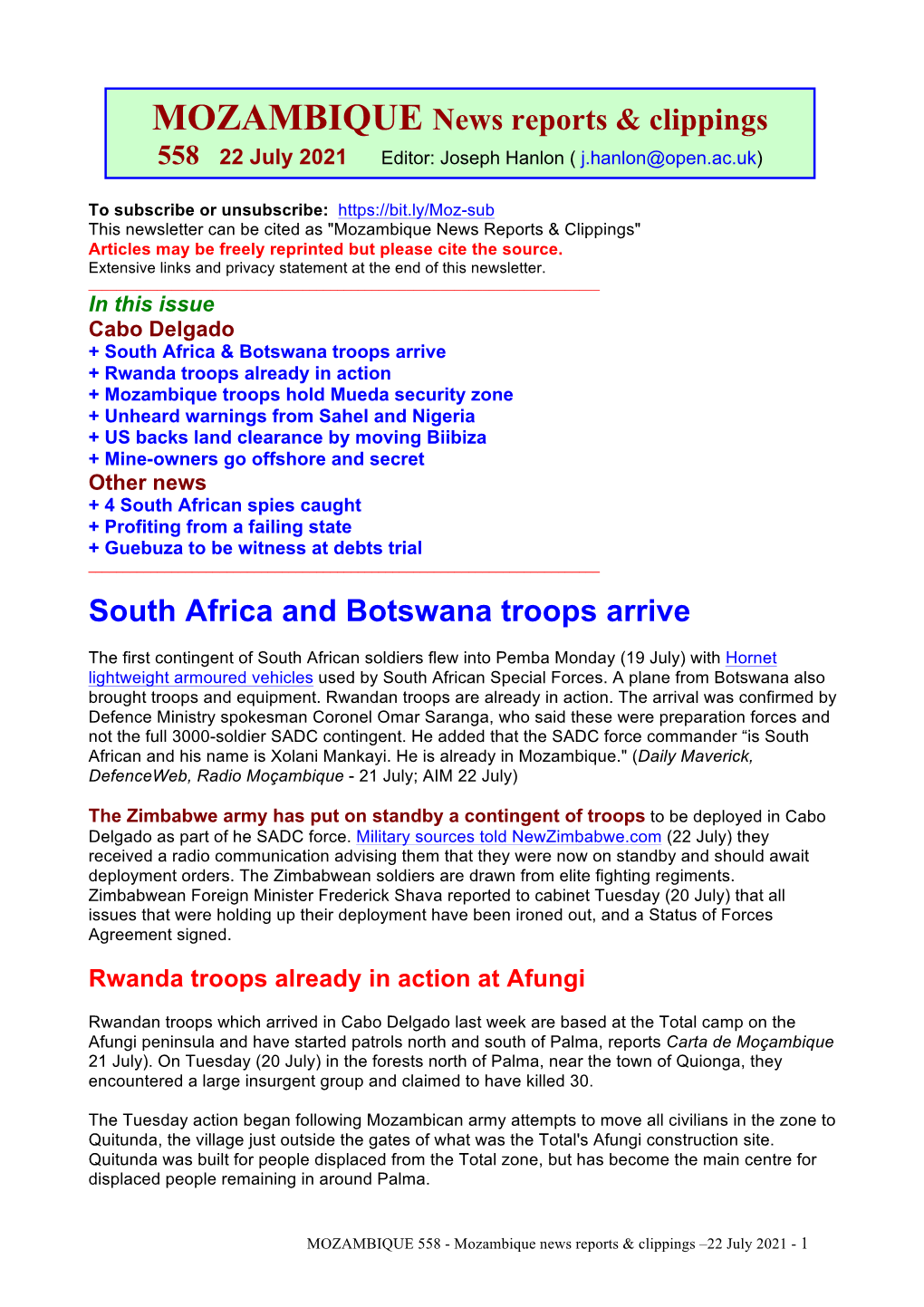 South Africa and Botswana Troops Arrive MOZAMBIQUE News Reports & Clippings