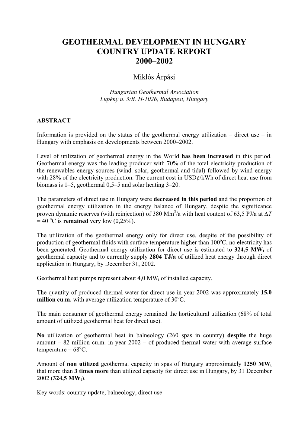 Geothermal Development in Hungary Country Update Report 2000–2002