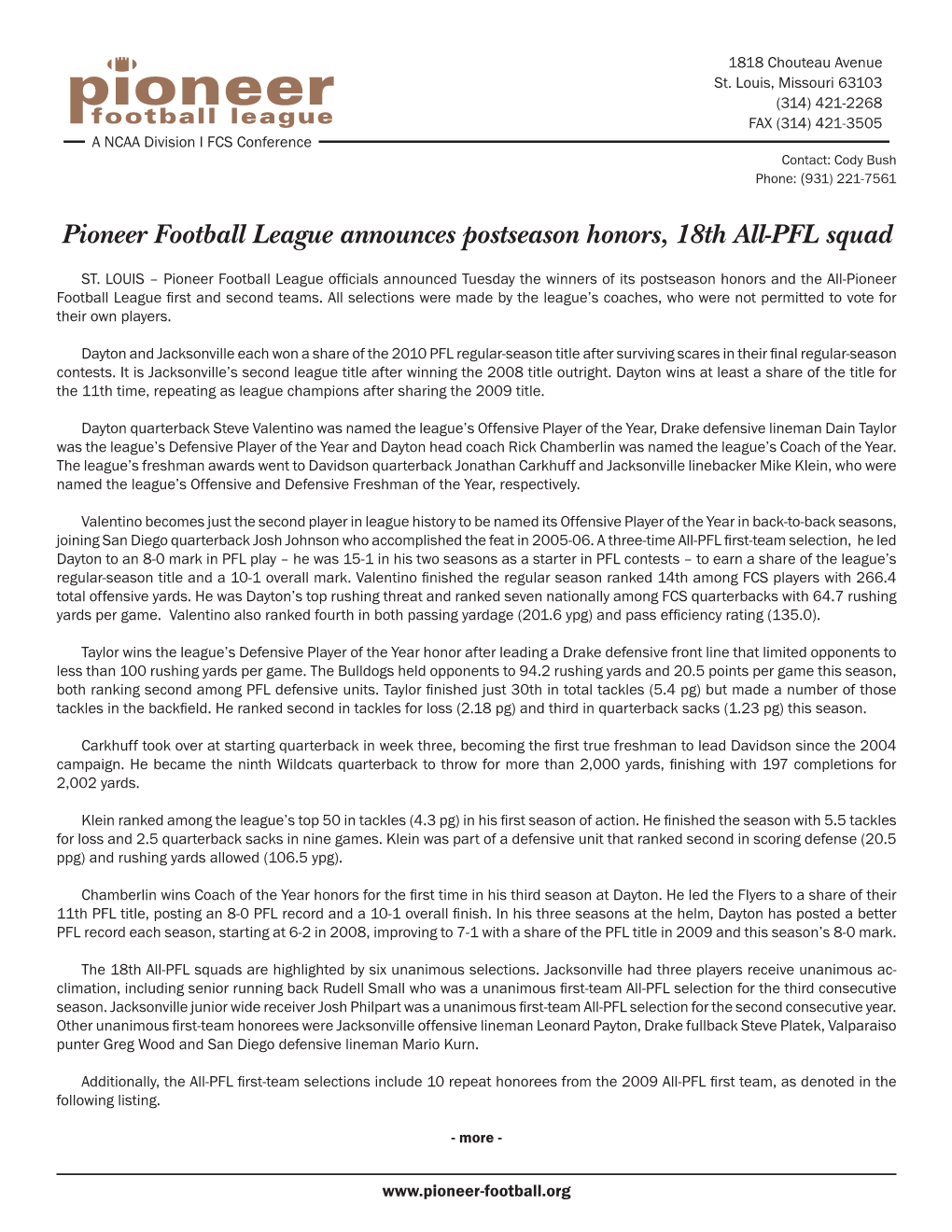 Pioneer Football League Announces Postseason Honors, 18Th All-PFL Squad