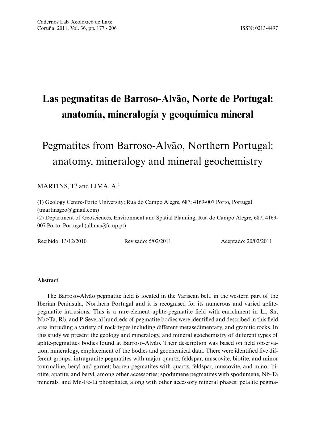 Las Pegmatitas De Barroso-Alvão, Norte De Portugal: Anatomía, Mineralogía Y Geoquímica Mineral