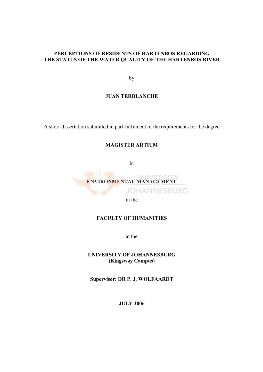 Perceptions of Residents of Hartenbos Regarding the Status of the Water Quality of the Hartenbos River