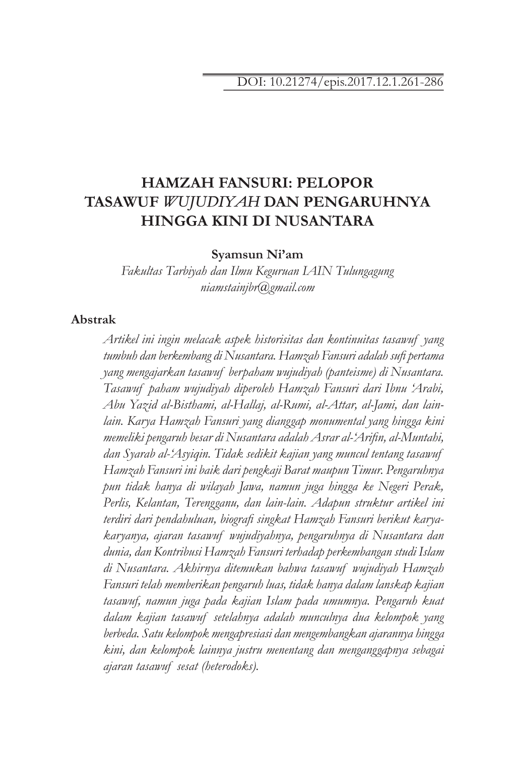 Hamzah Fansuri: Pelopor Tasawuf Wujudiyah Dan Pengaruhnya Hingga Kini Di Nusantara