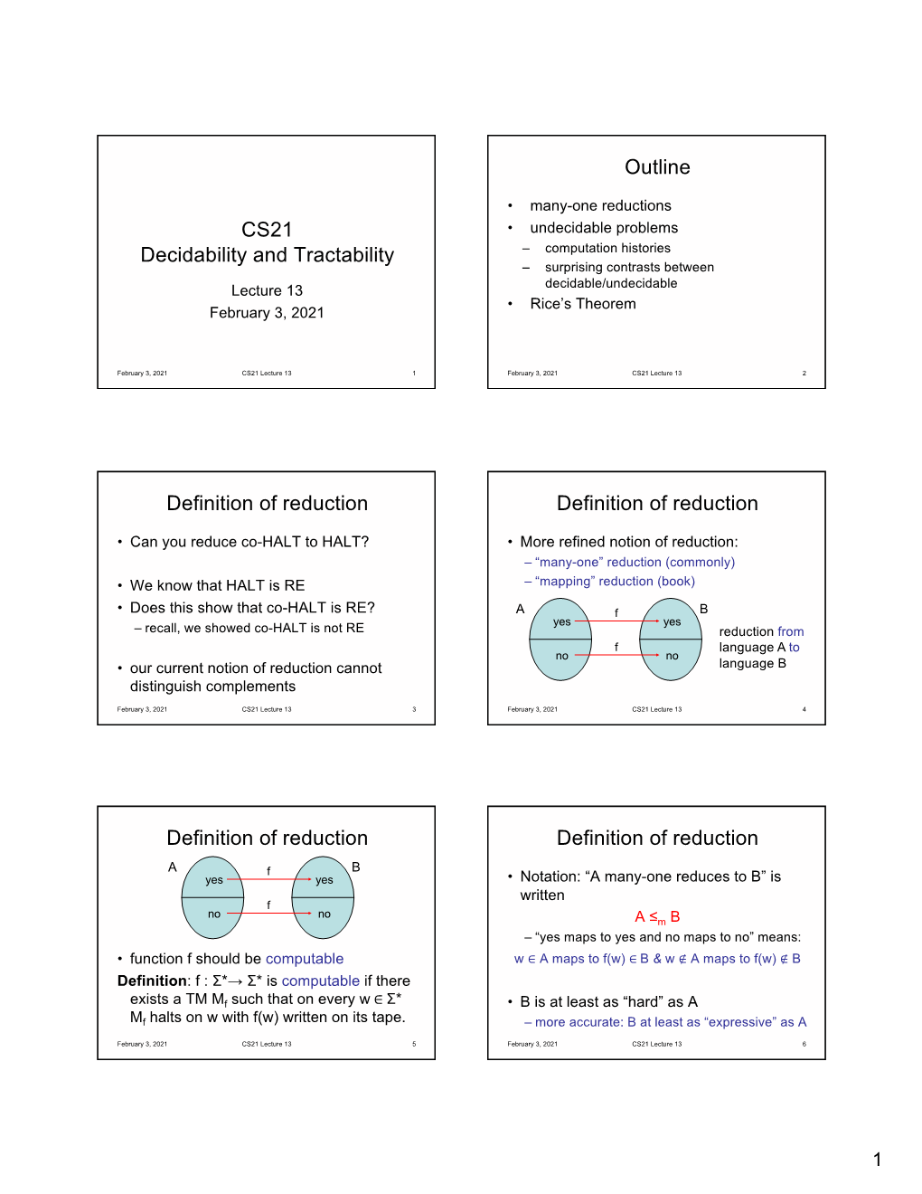 CS21 Decidability and Tractability Outline Definition of Reduction