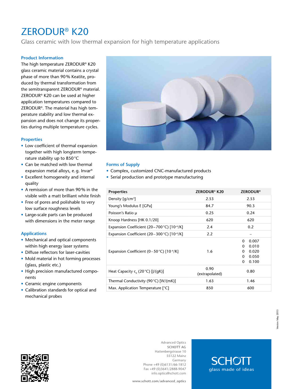 ZERODUR® K20 Glass Ceramic with Low Thermal Expansion for High Temperature Applications