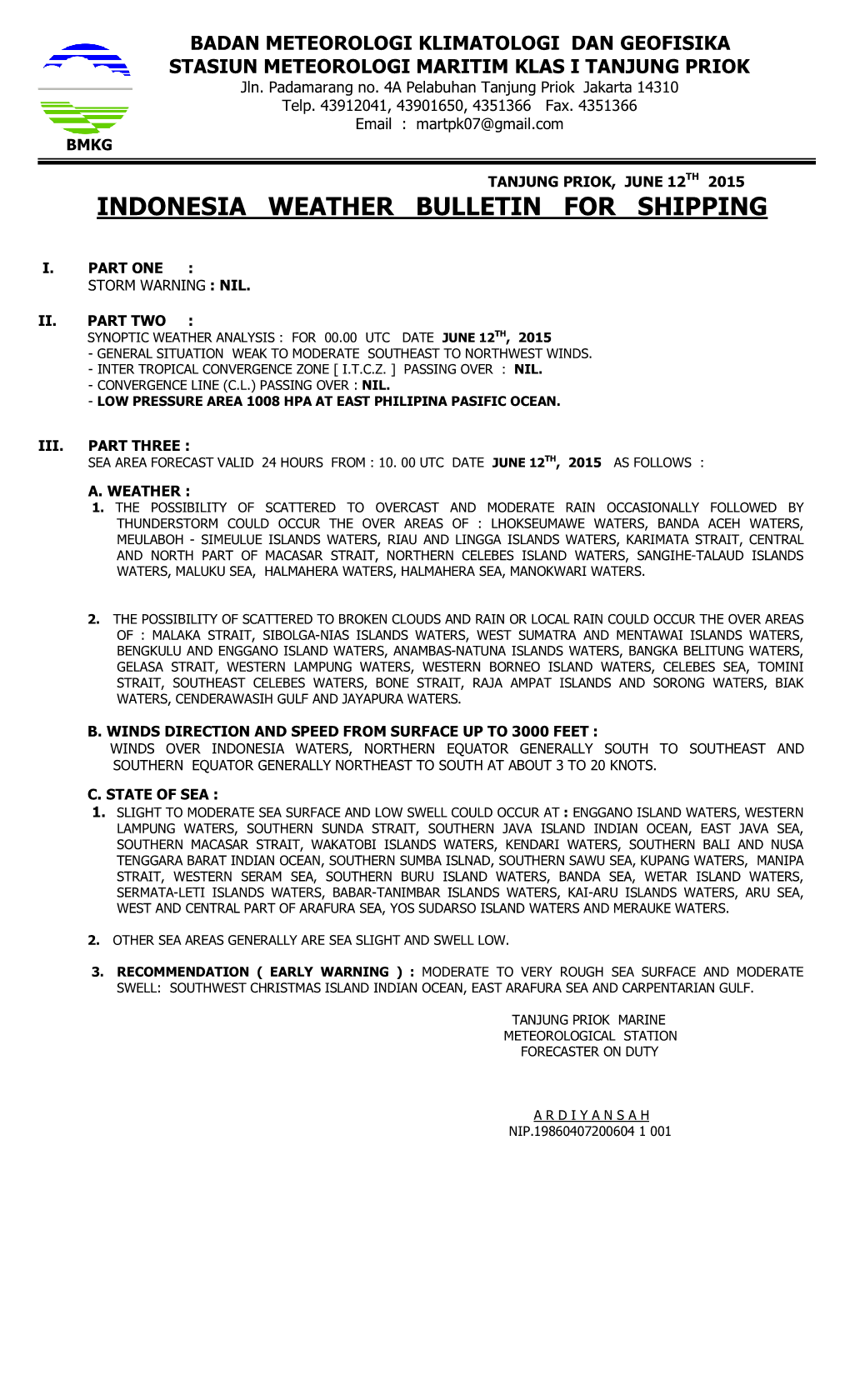 Indonesia Weather Bulletin for Shipping