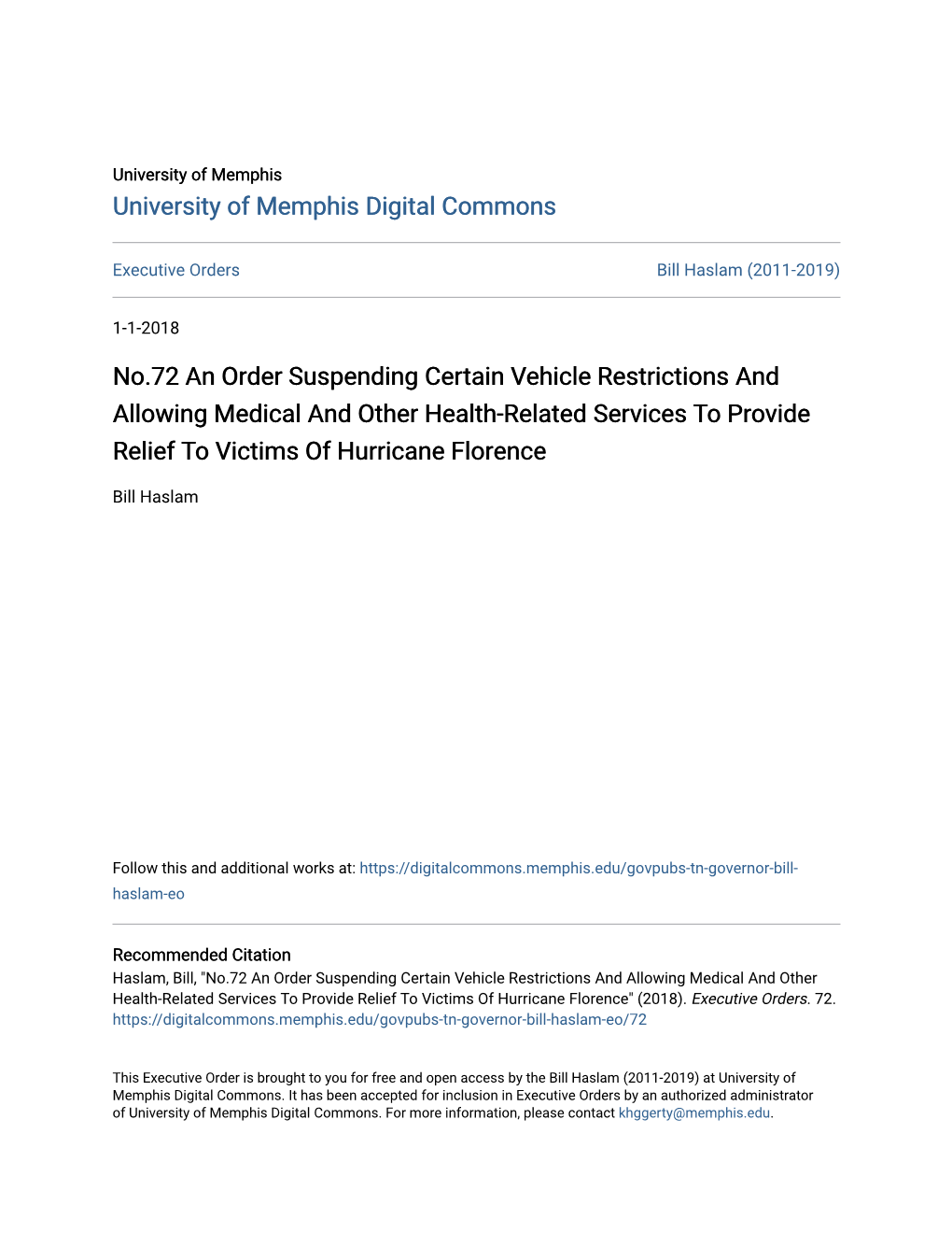 No.72 an Order Suspending Certain Vehicle Restrictions and Allowing Medical and Other Health-Related Services to Provide Relief to Victims of Hurricane Florence