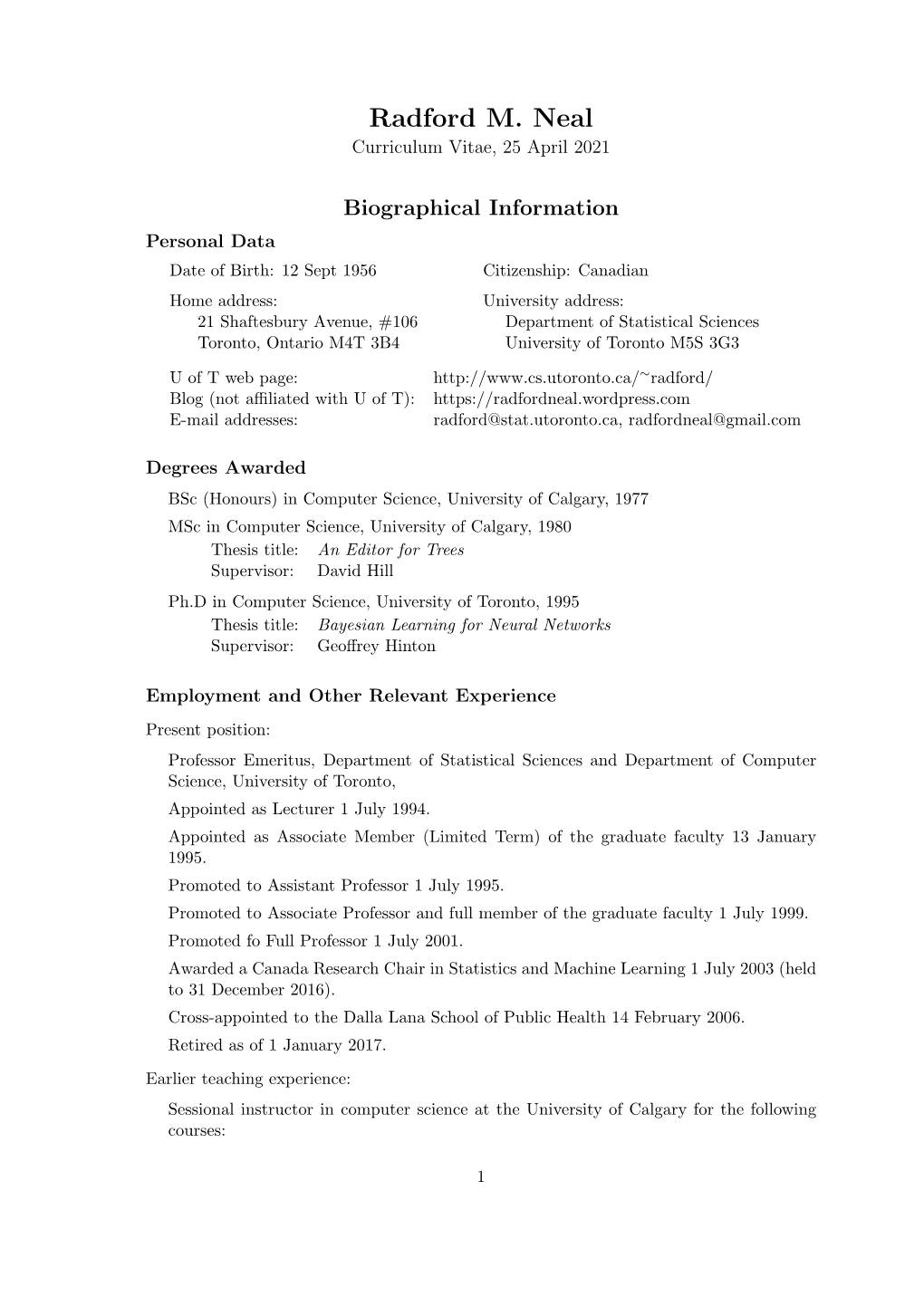 Radford M. Neal Curriculum Vitae, 25 April 2021