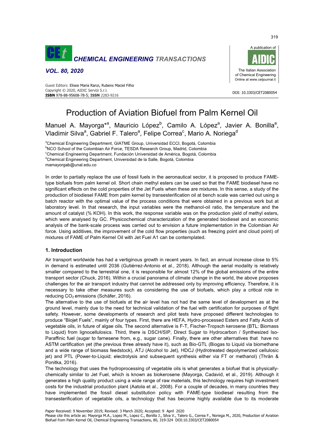 Production of Aviation Biofuel from Palm Kernel Oil