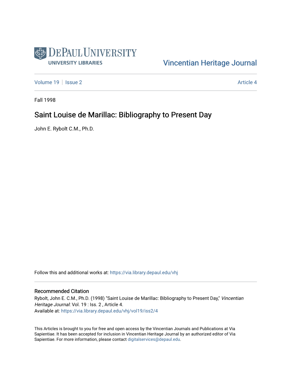 Saint Louise De Marillac: Bibliography to Present Day