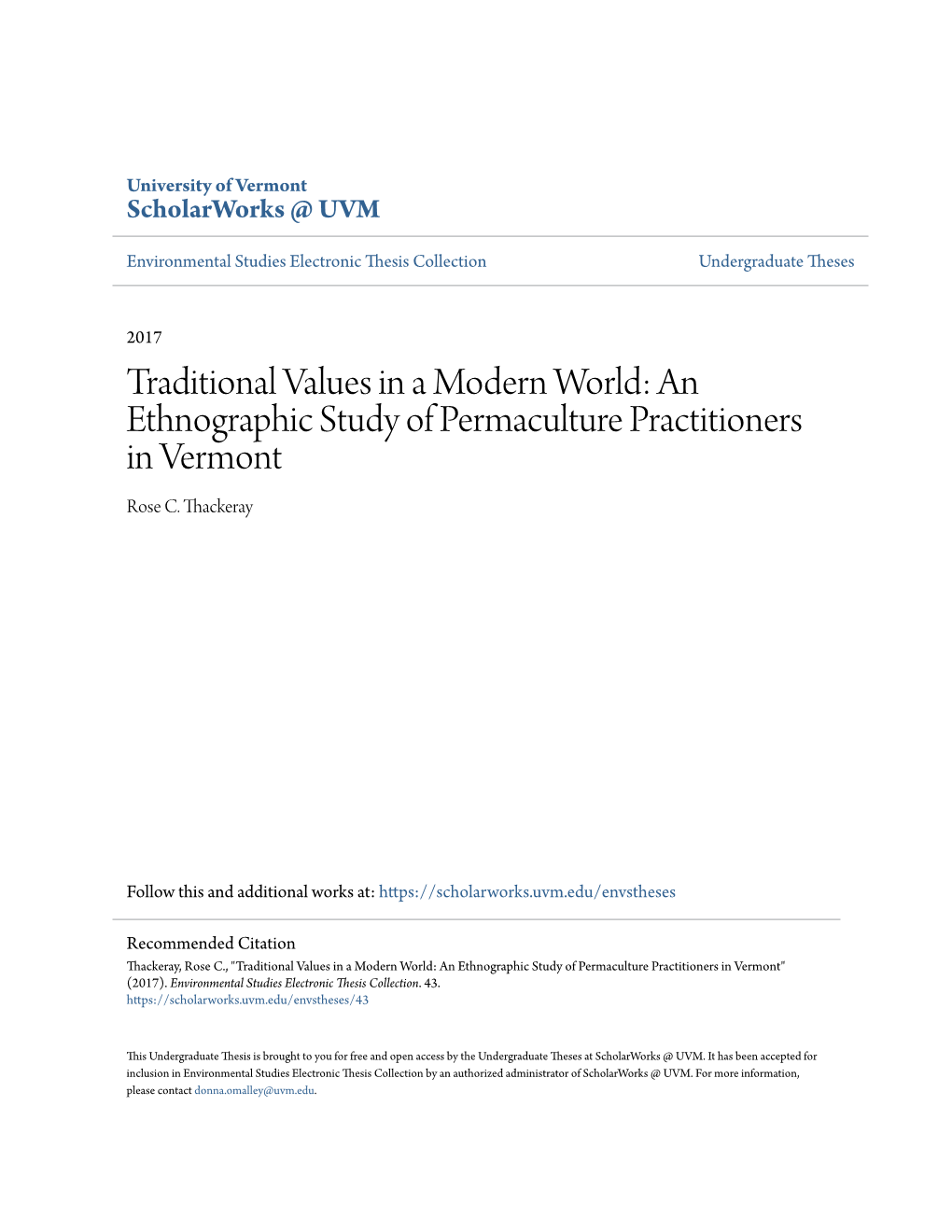 An Ethnographic Study of Permaculture Practitioners in Vermont Rose C