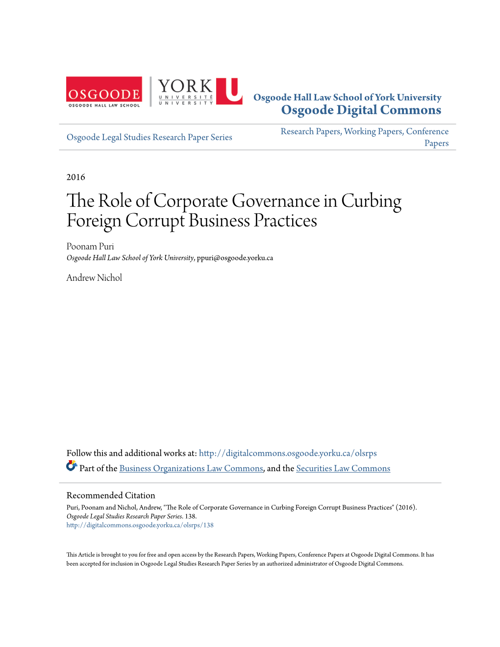 The Role of Corporate Governance in Curbing Foreign Corrupt Business Practices Poonam Puri Osgoode Hall Law School of York University, Ppuri@Osgoode.Yorku.Ca