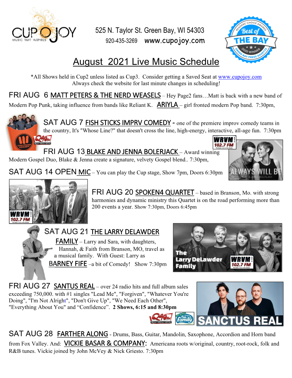 August 2021 Live Music Schedule