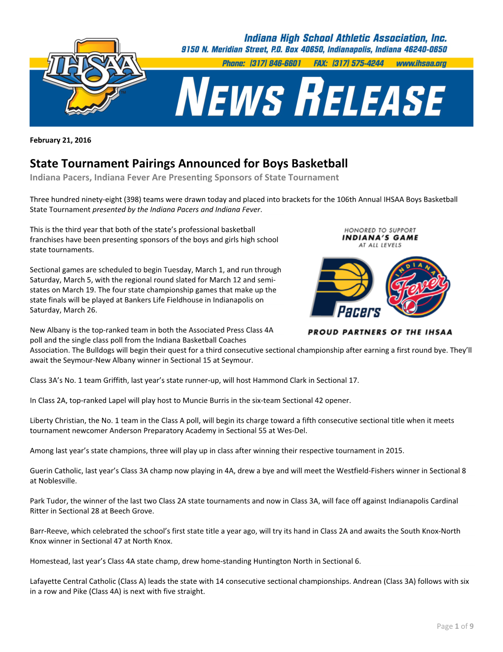 State Tournament Pairings Announced for Boys Basketball Indiana Pacers, Indiana Fever Are Presenting Sponsors of State Tournament