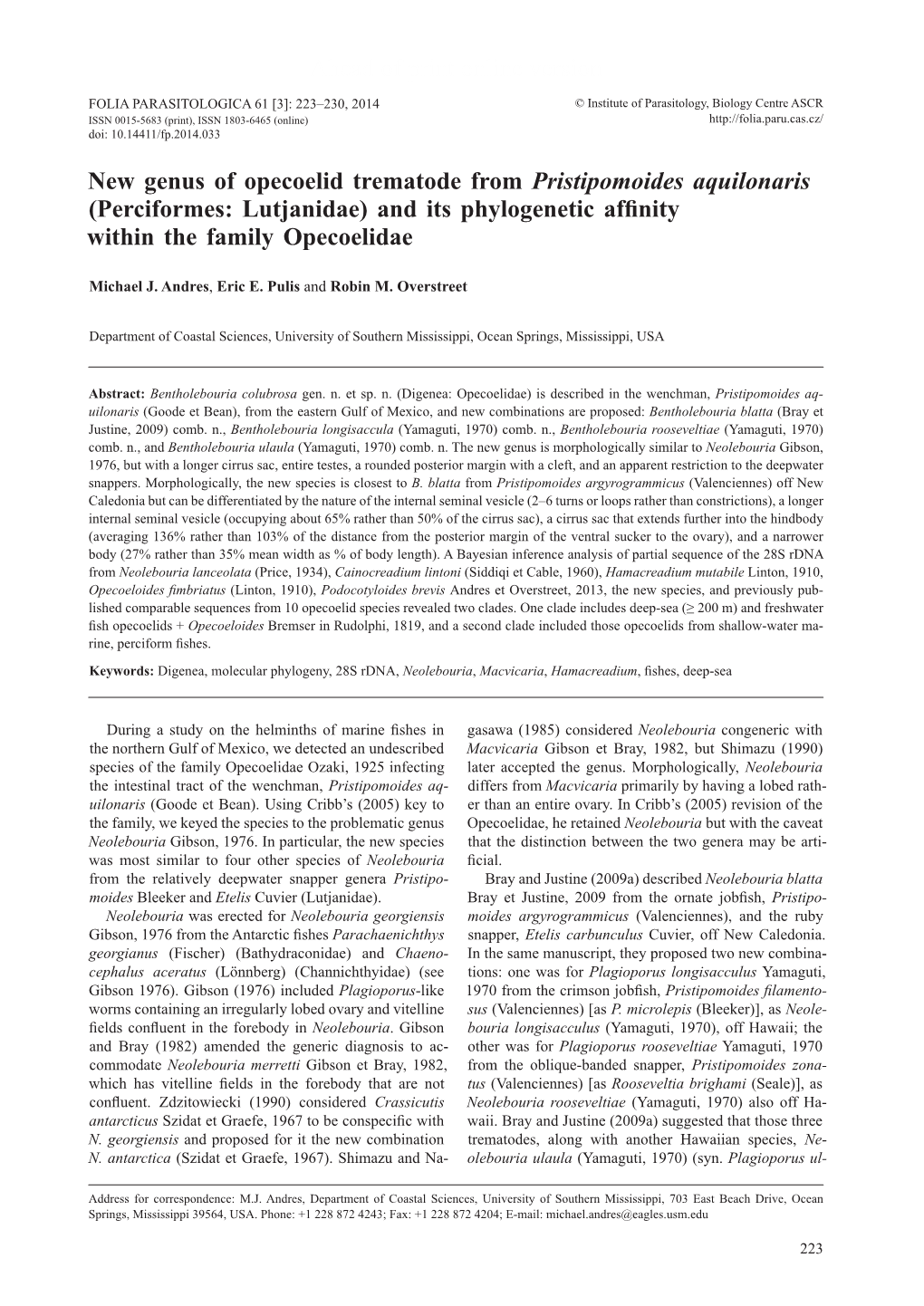 Ahead of Print Online Version New Genus of Opecoelid Trematode From