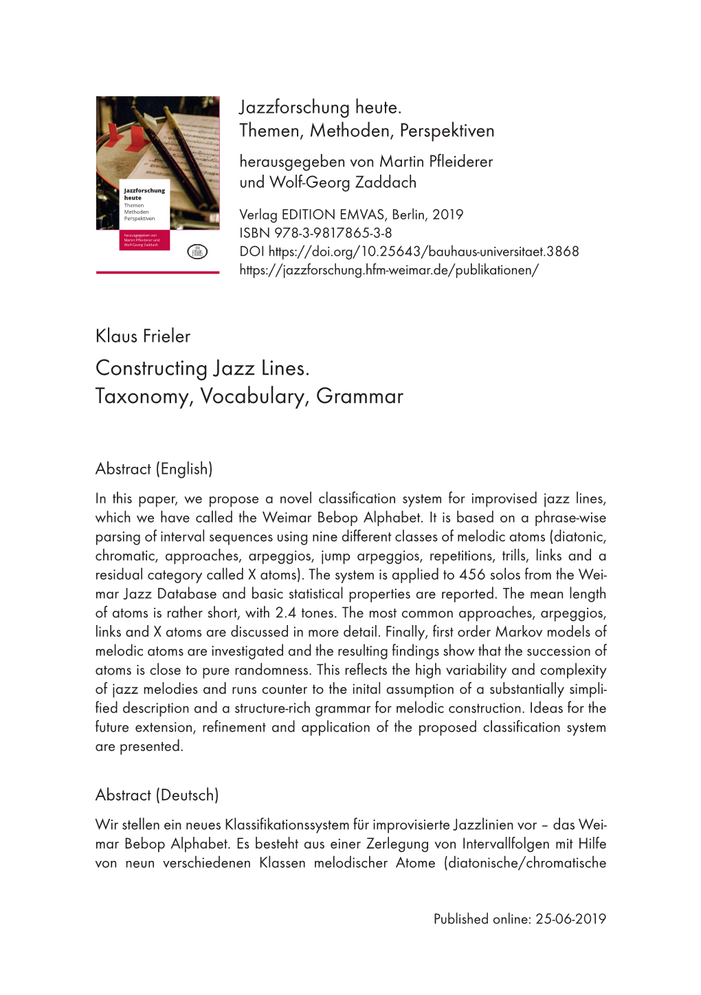 Constructing Jazz Lines. Taxonomy, Vocabulary, Grammar