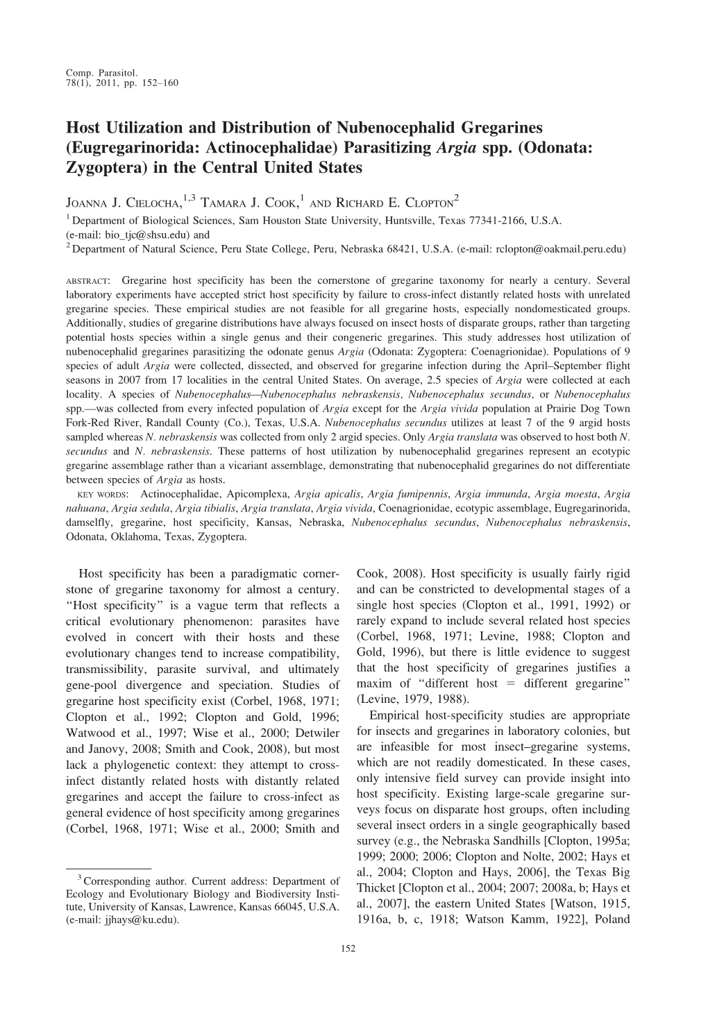 Host Utilization and Distribution of Nubenocephalid Gregarines (Eugregarinorida: Actinocephalidae) Parasitizing Argia Spp