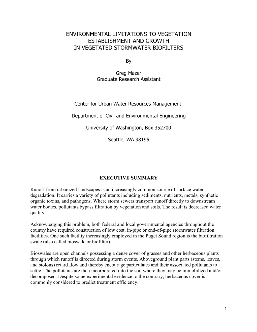 Environmental Limitations to Vegetation Establishment and Growth in Vegetated Stormwater Biofilters