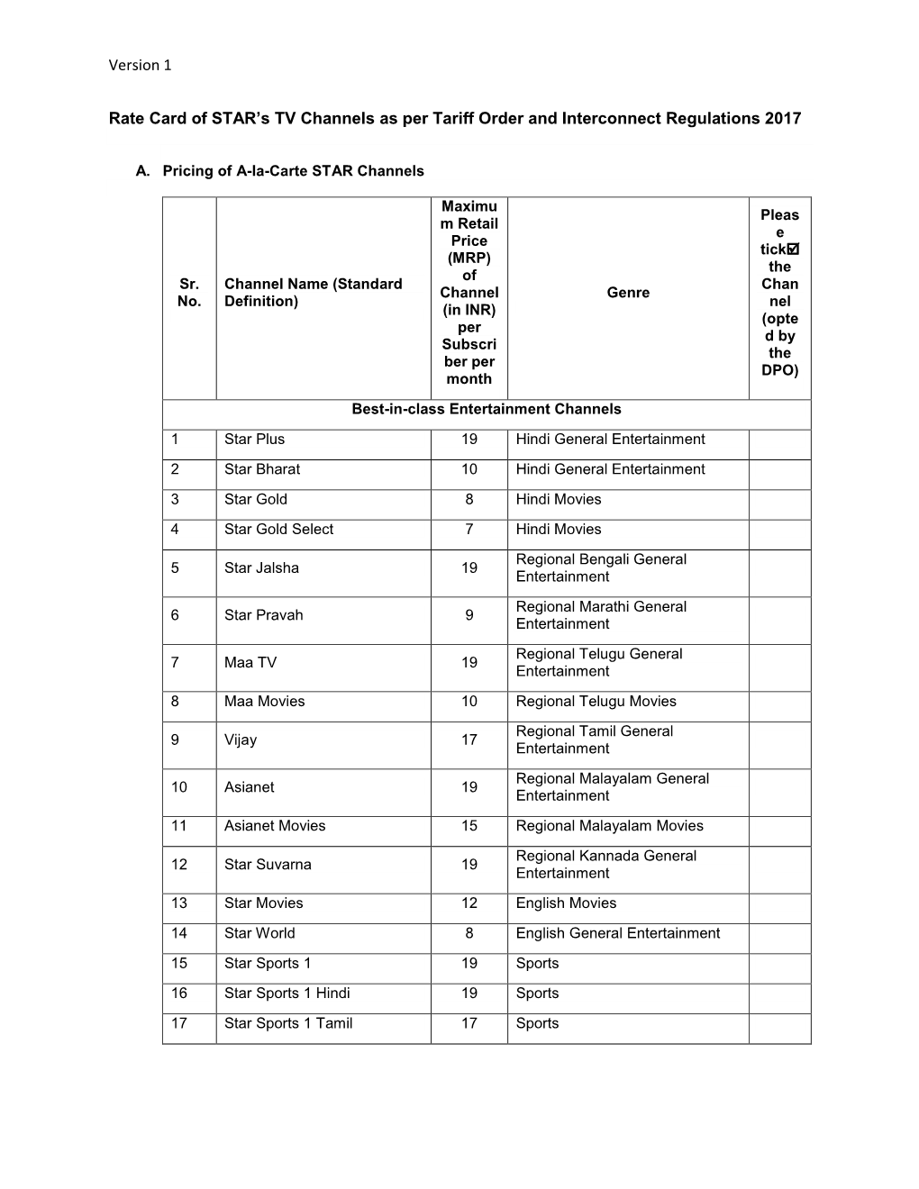 Version 1 Rate Card of STAR's TV Channels As Per Tariff Order And