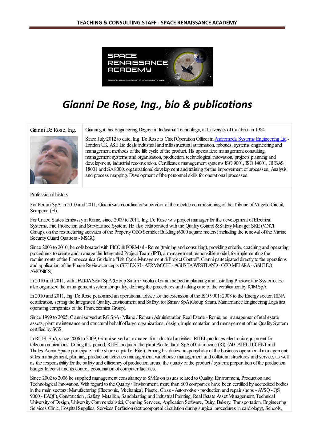 Gianni De Rose, Ing., Bio & Publications