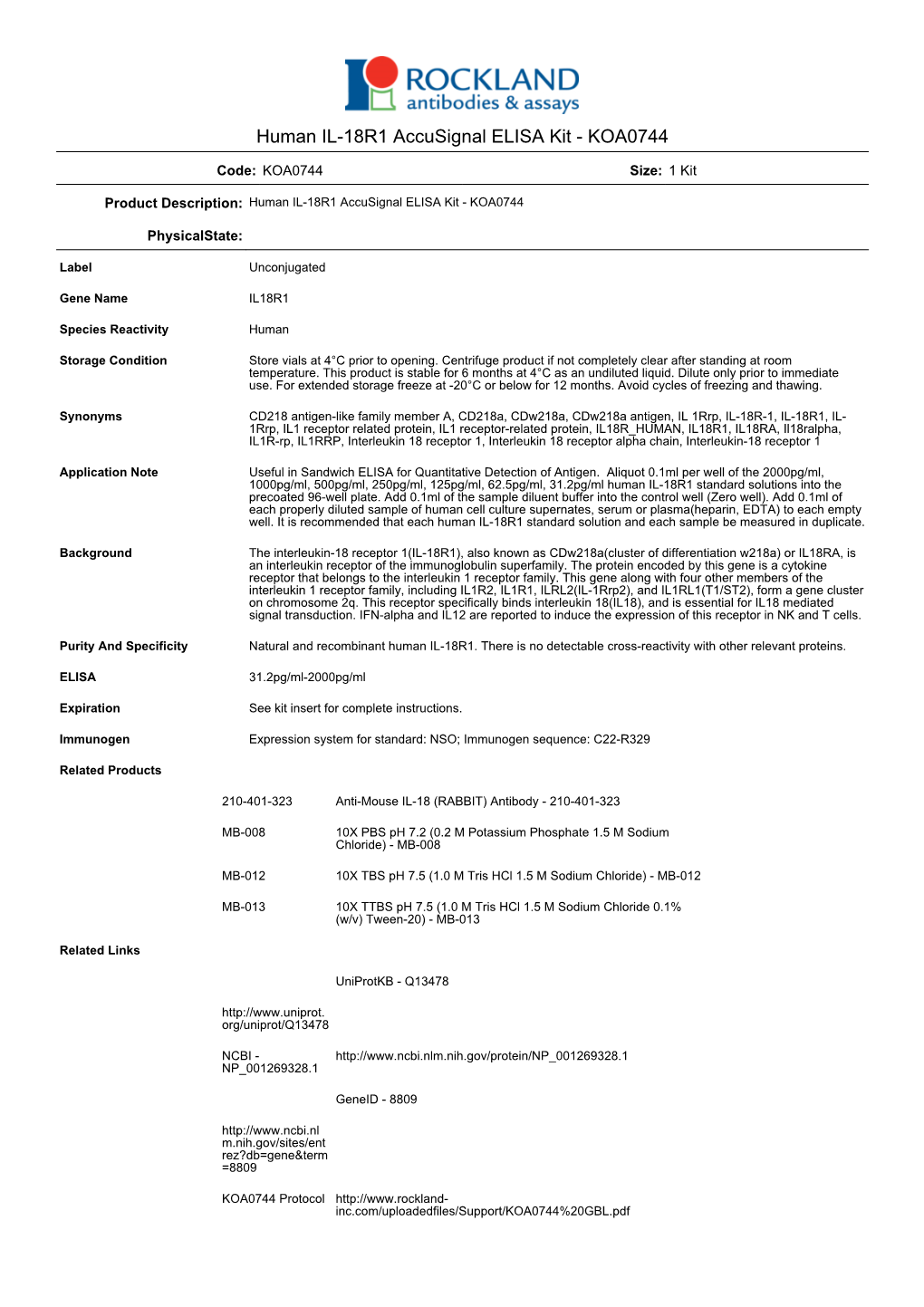 Human IL-18R1 Accusignal ELISA Kit - KOA0744