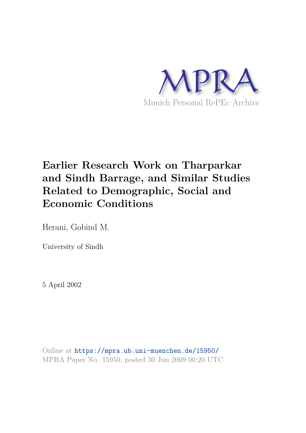 Earlier Research Work on Tharparkar and Sindh Barrage, and Similar Studies Related to Demographic, Social and Economic Conditions