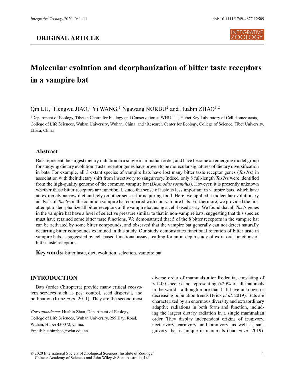 Molecular Evolution and Deorphanization of Bitter Taste Receptors in a Vampire Bat