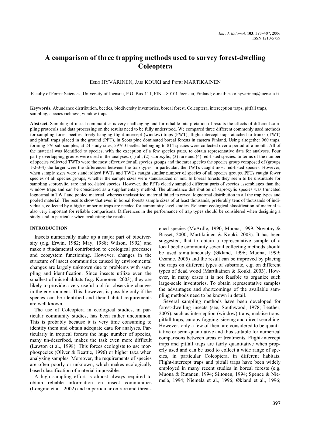 A Comparison of Three Trapping Methods Used to Survey Forest-Dwelling Coleoptera