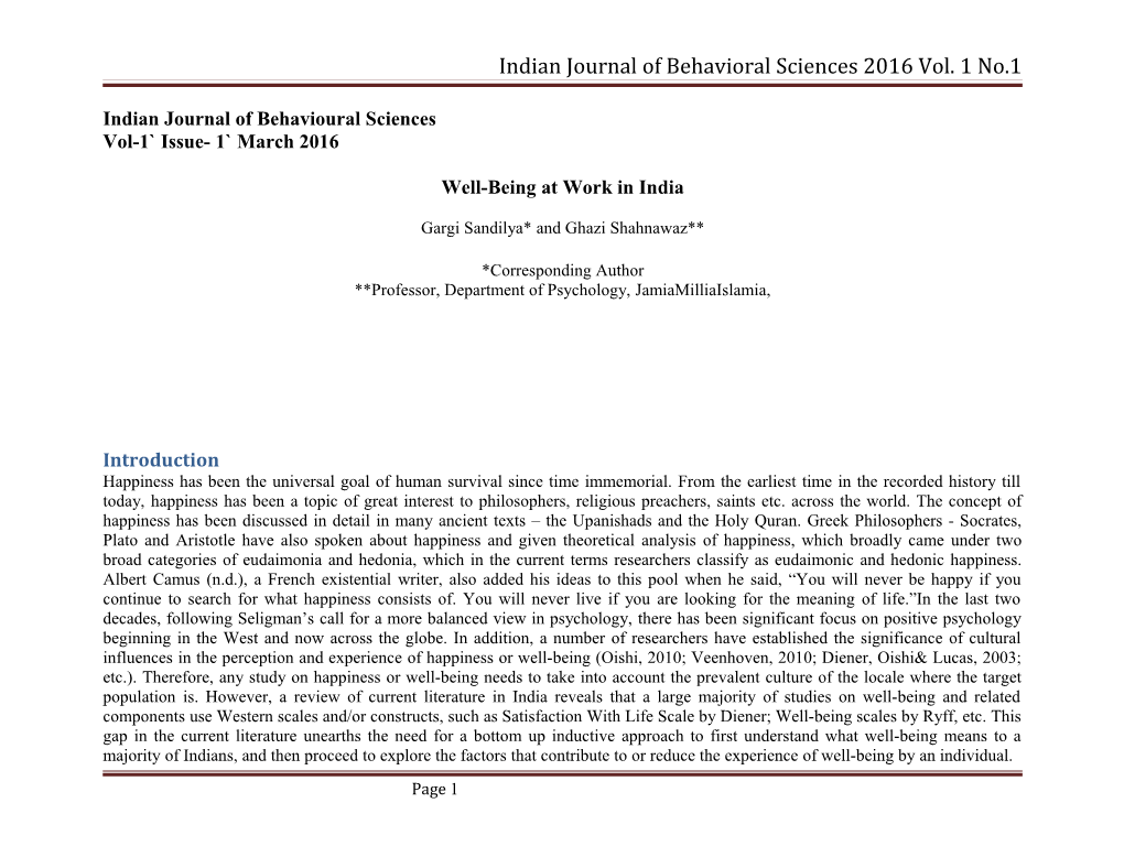 Indian Journal of Behavioral Sciences 2016 Vol. 1 No.1