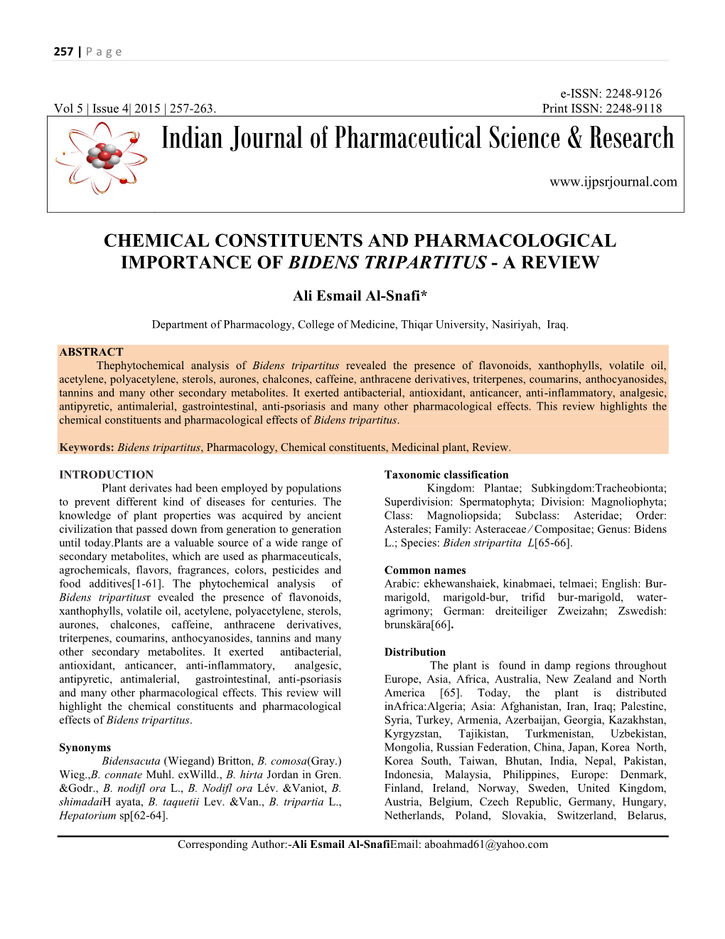 Chemical Constituents and Pharmacological Importance of Bidens Tripartitus - a Review